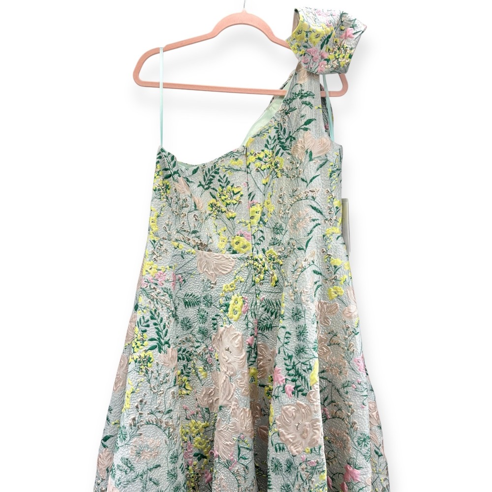 Mac Duggal One-Shoulder Floral Gown in Pastel Green and Pink - Picture 13 of 16